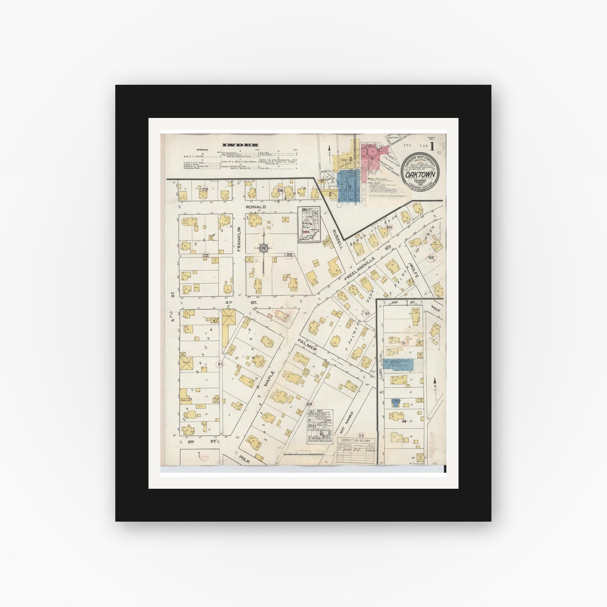 Old map wall art mockup — black gallery frame with white mat — Sanborn Fire Insurance Map from Oaktown, Knox County, Indiana (1932) - Complete Map Set