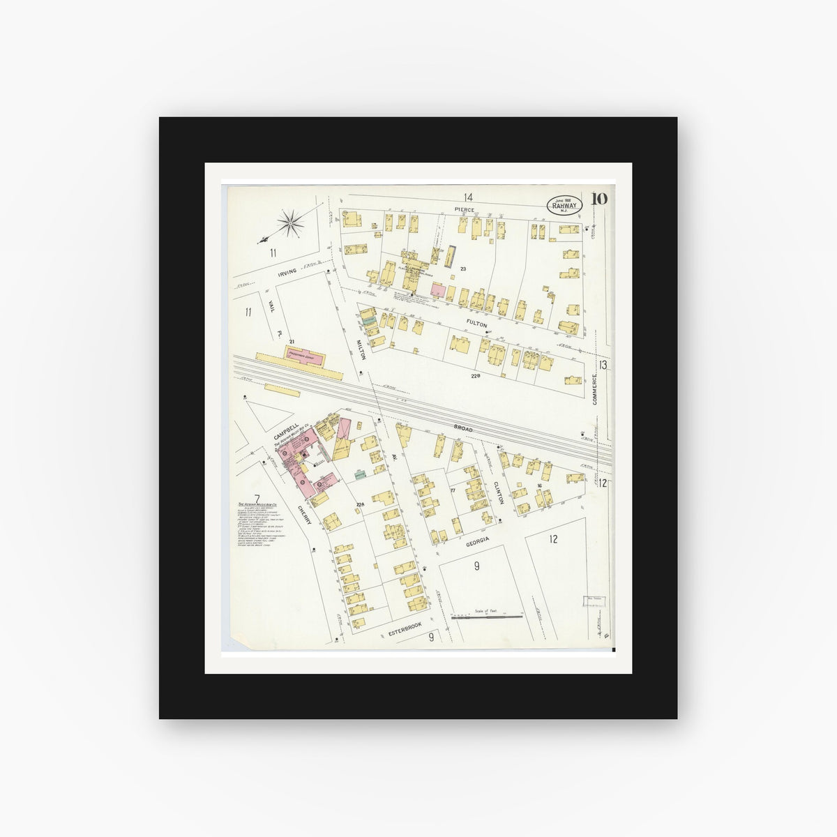 Old map wall art mockup — black gallery frame with white mat — Sanborn Fire Insurance Map from Rahway, Union County, New Jersey (1908), Sheet #0010