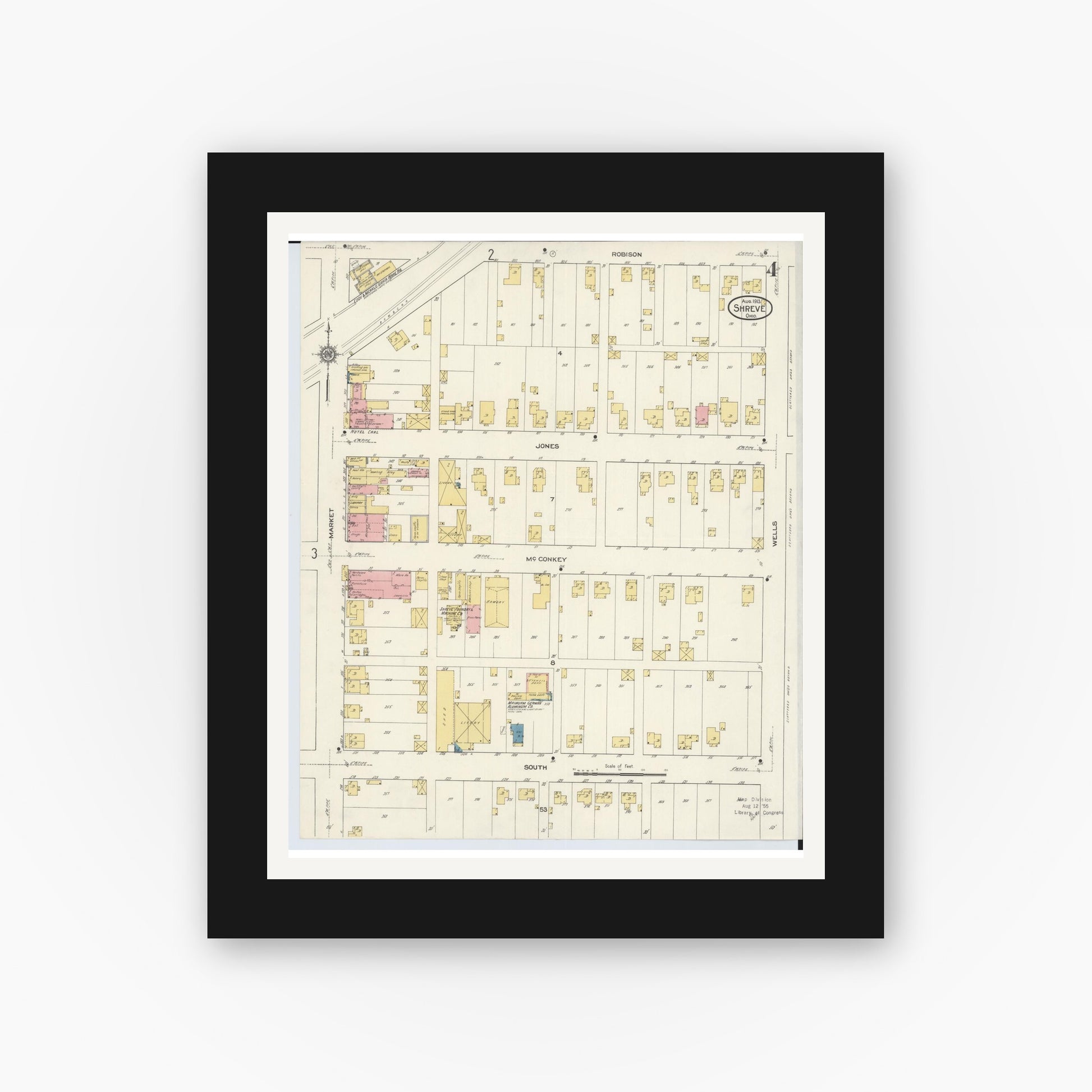 Old map wall art mockup — black gallery frame with white mat — Sanborn Fire Insurance Map from Shreve, Wayne County, Ohio (1913), Sheet #0004