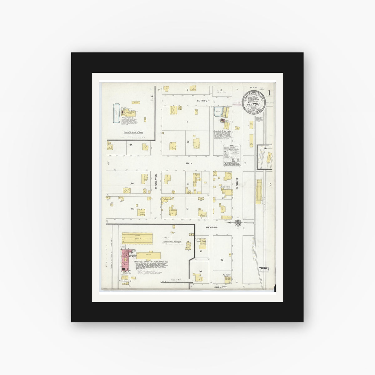 Old map wall art mockup — black gallery frame with white mat — Sanborn Fire Insurance Map from Detroit, Red River County, Texas (1911) - Complete Map Set
