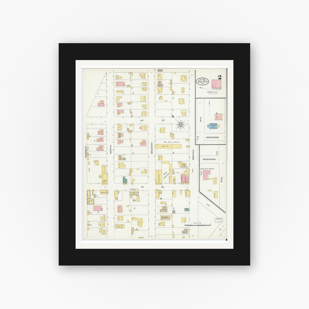 Old map wall art mockup — black gallery frame with white mat — Sanborn Fire Insurance Map from Del Rio, Val Verde County, Texas (1905), Sheet #0002
