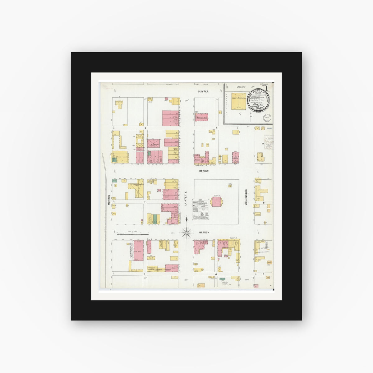 Old map wall art mockup — black gallery frame with white mat — Sanborn Fire Insurance Map from Shelby, Cleveland County, North Carolina (1900), Sheet #0001