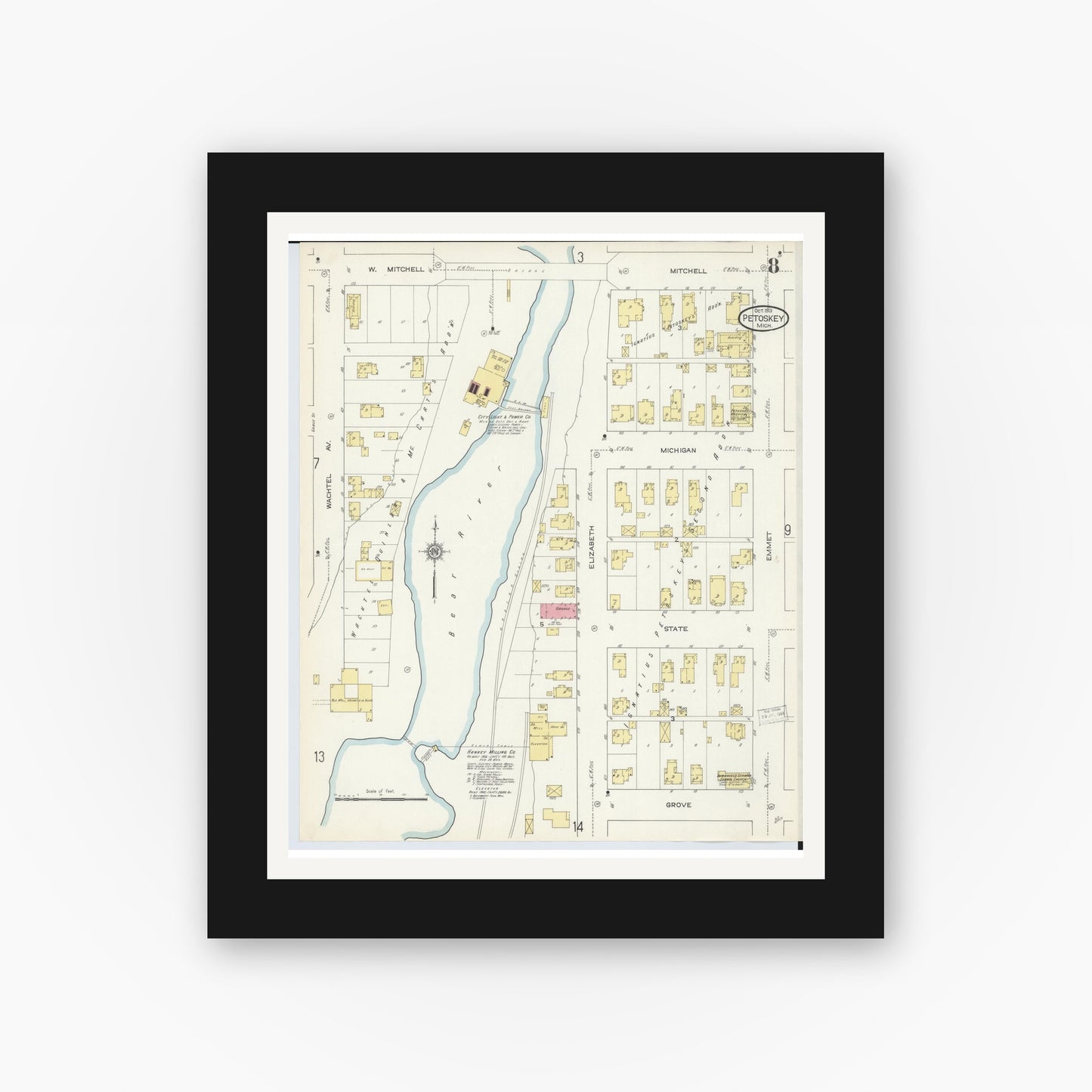 Old map wall art mockup — black gallery frame with white mat — Sanborn Fire Insurance Map from Petoskey, Emmet County, Michigan (1913), Sheet #0008