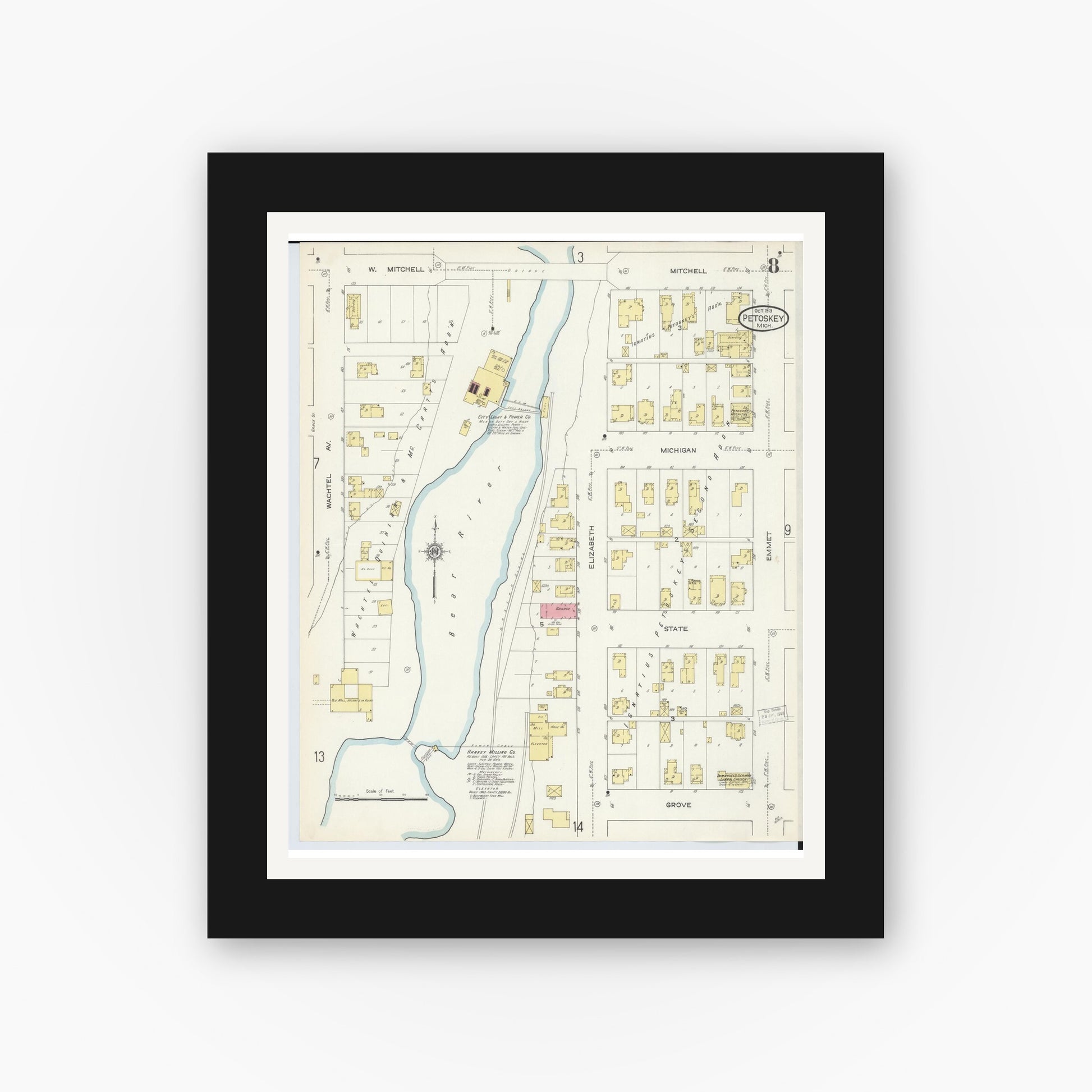 Old map wall art mockup — black gallery frame with white mat — Sanborn Fire Insurance Map from Petoskey, Emmet County, Michigan (1913), Sheet #0008