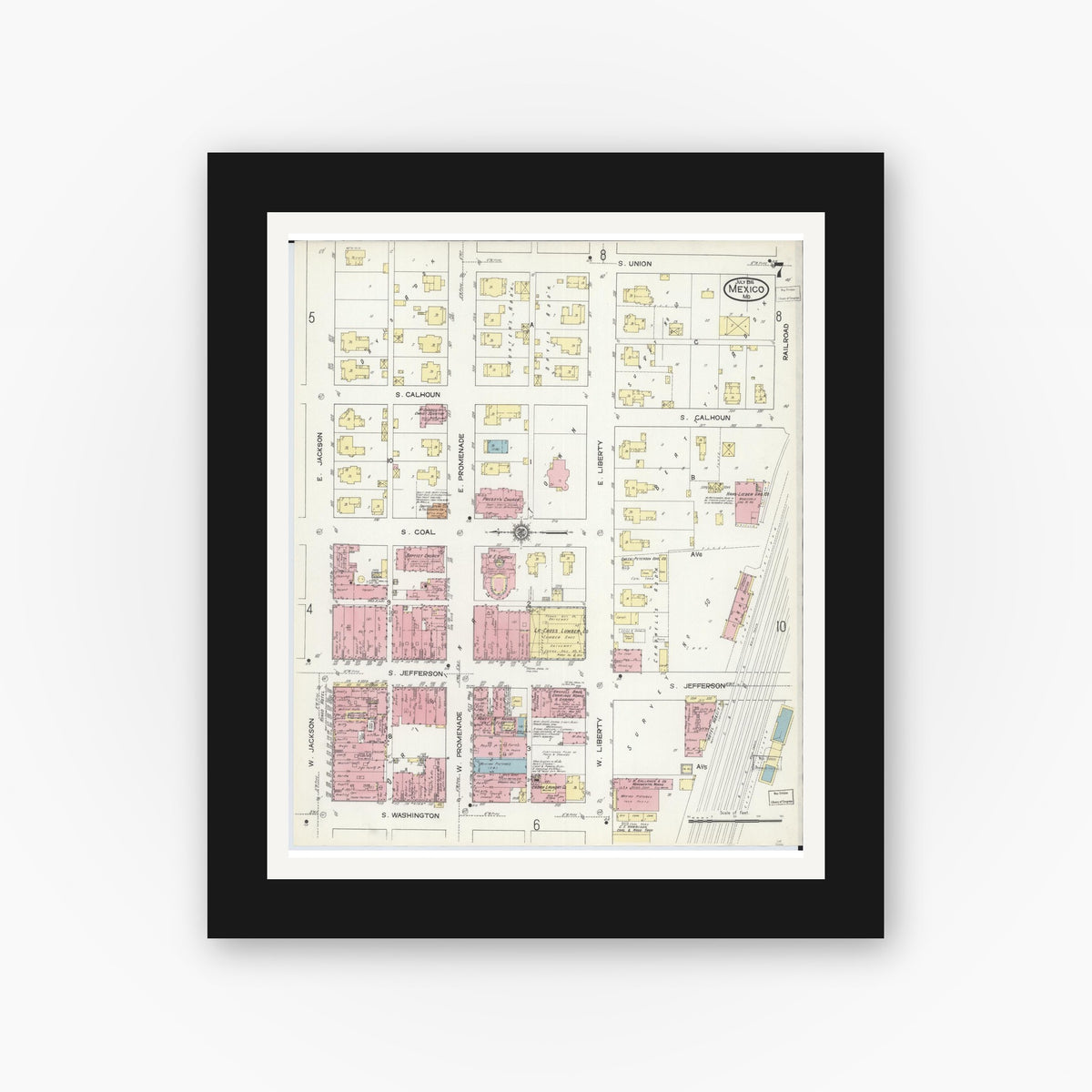 Old map wall art mockup — black gallery frame with white mat — Sanborn Fire Insurance Map from Mexico, Audrain County, Missouri (1914), Sheet #0007