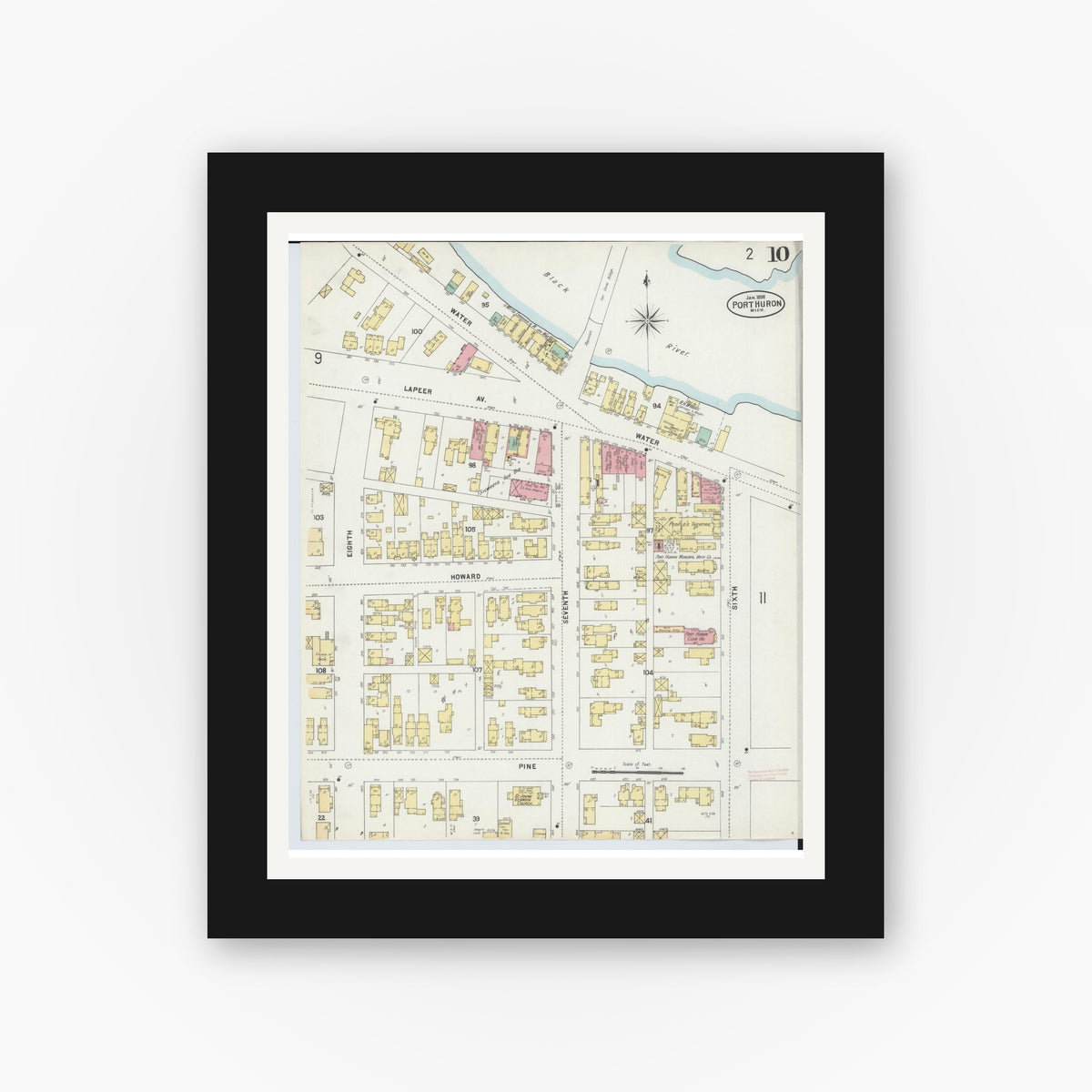 Old map wall art mockup — black gallery frame with white mat — Sanborn Fire Insurance Map from Port Huron, Saint Clair County, Michigan (1898), Sheet #0010