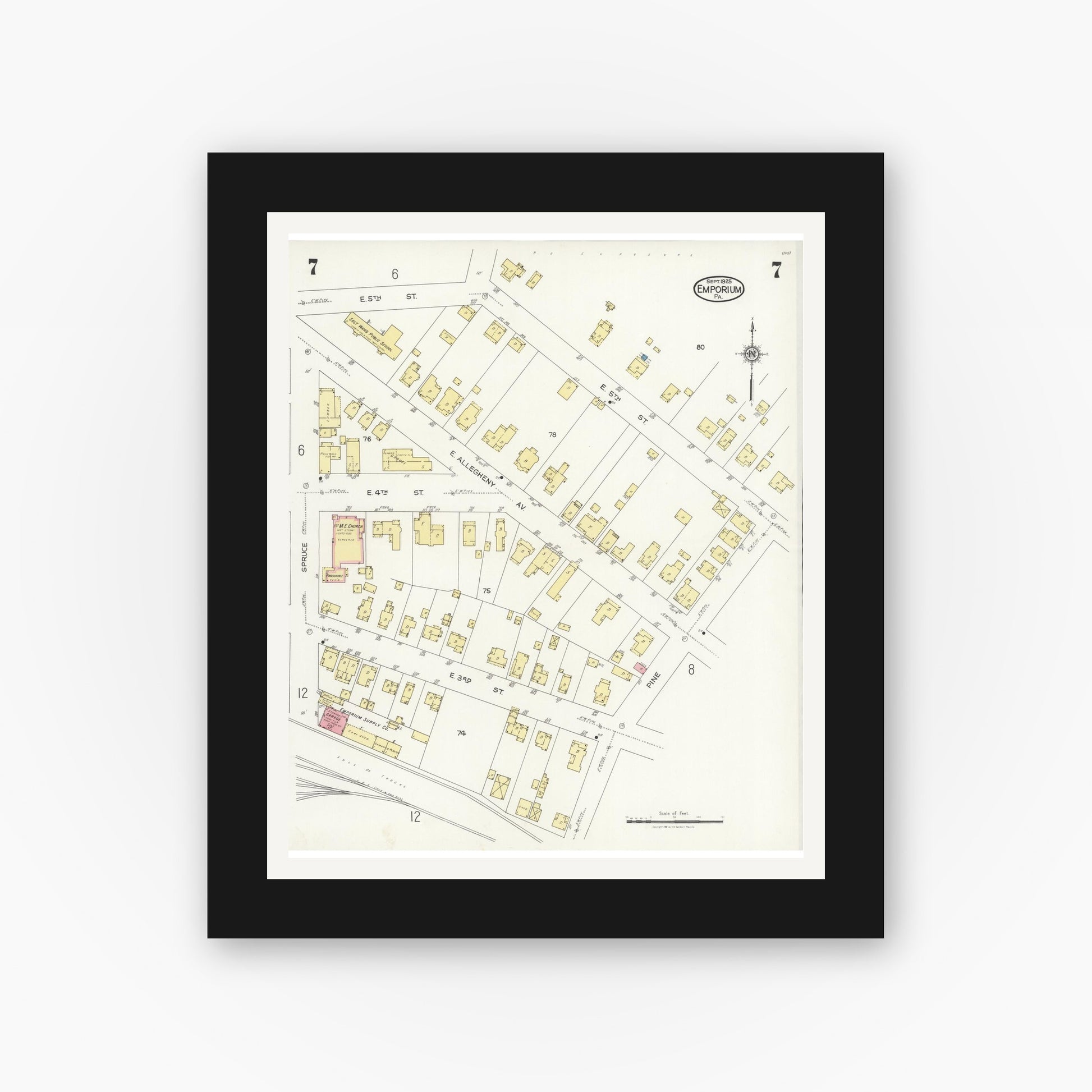 Old map wall art mockup — black gallery frame with white mat — Sanborn Fire Insurance Map from Emporium, Cameron County, Pennsylvania (1925), Sheet #0007