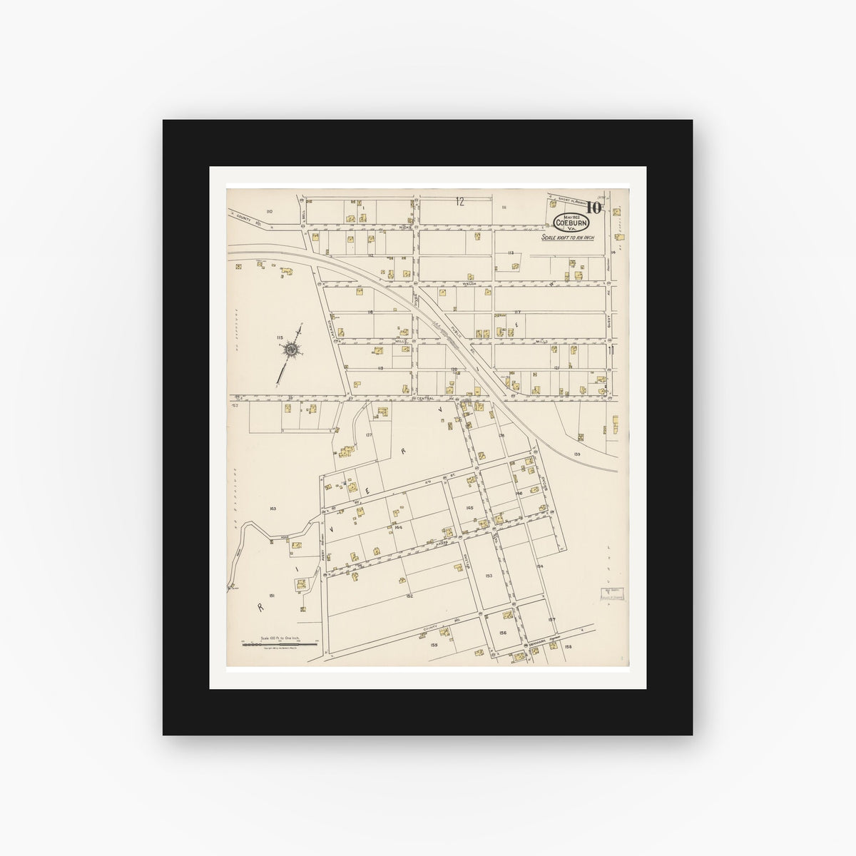 Old map wall art mockup — black gallery frame with white mat — Sanborn Fire Insurance Map from Coeburn, Wise County, Virginia (1922), Sheet #0010