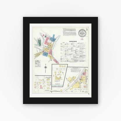 Old map wall art mockup — black gallery frame with white mat — Sanborn Fire Insurance Map from Aurora, Dearborn County, Indiana (1911), Sheet #0001
