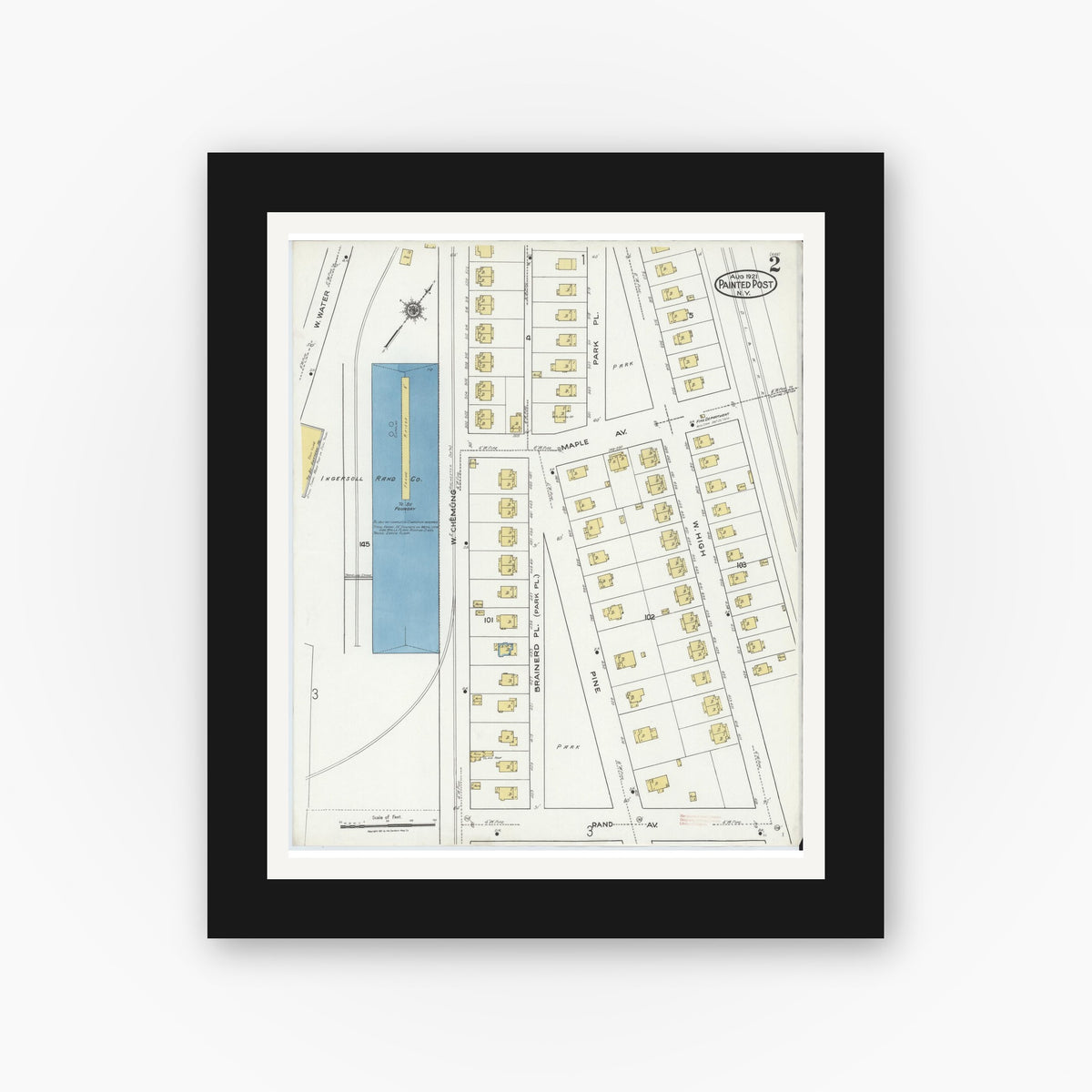 Old map wall art mockup — black gallery frame with white mat — Sanborn Fire Insurance Map from Painted Post, Steuben County, New York (1921), Sheet #0002