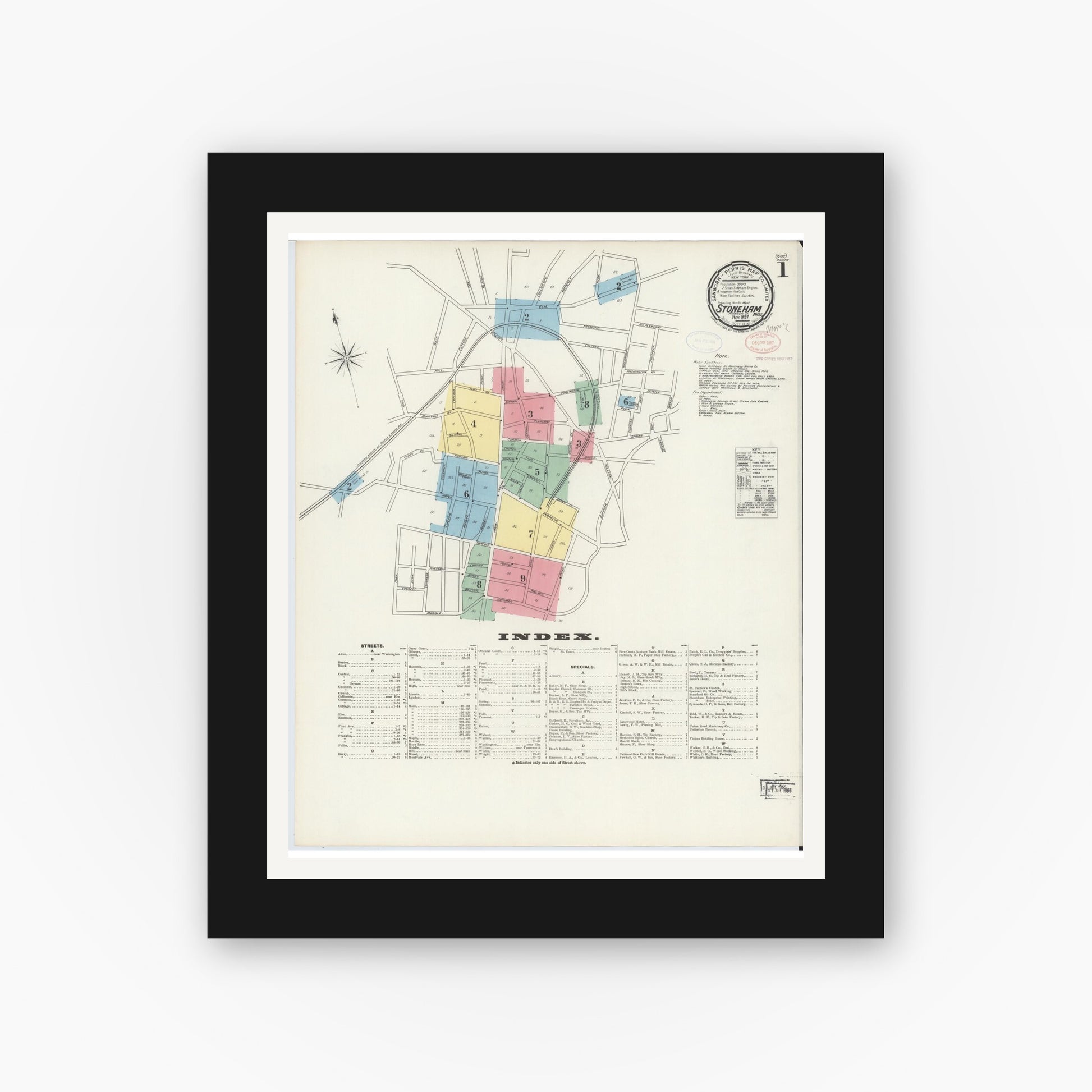 Old map wall art mockup — black gallery frame with white mat — Sanborn Fire Insurance Map from Stoneham, Middlesex County, Massachusetts (1897), Sheet #0001