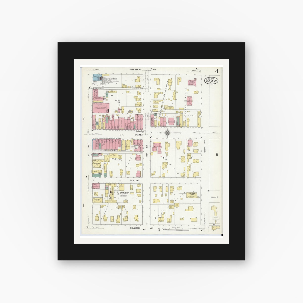 Old map wall art mockup — black gallery frame with white mat — Sanborn Fire Insurance Map from Geneseo, Henry County, Illinois (1909), Sheet #0004