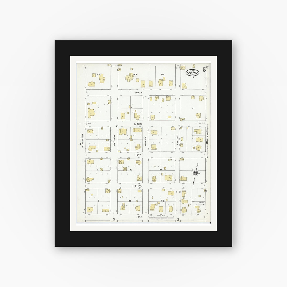 Old map wall art mockup — black gallery frame with white mat — Sanborn Fire Insurance Map from Kaufman, Kaufman County, Texas (1920), Sheet #0005