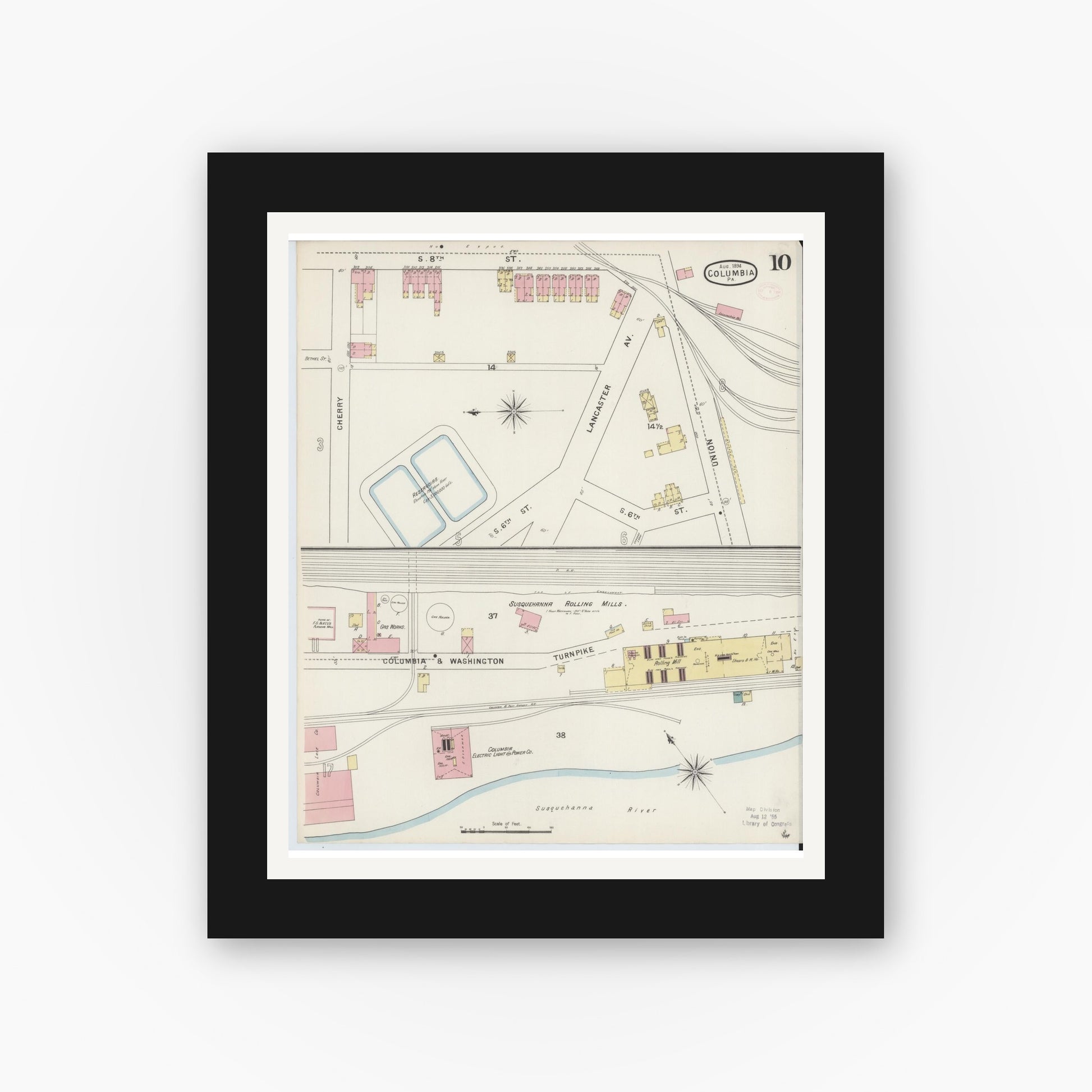 Old map wall art mockup — black gallery frame with white mat — Sanborn Fire Insurance Map from Columbia, Lancaster County, Pennsylvania (1894), Sheet #0010