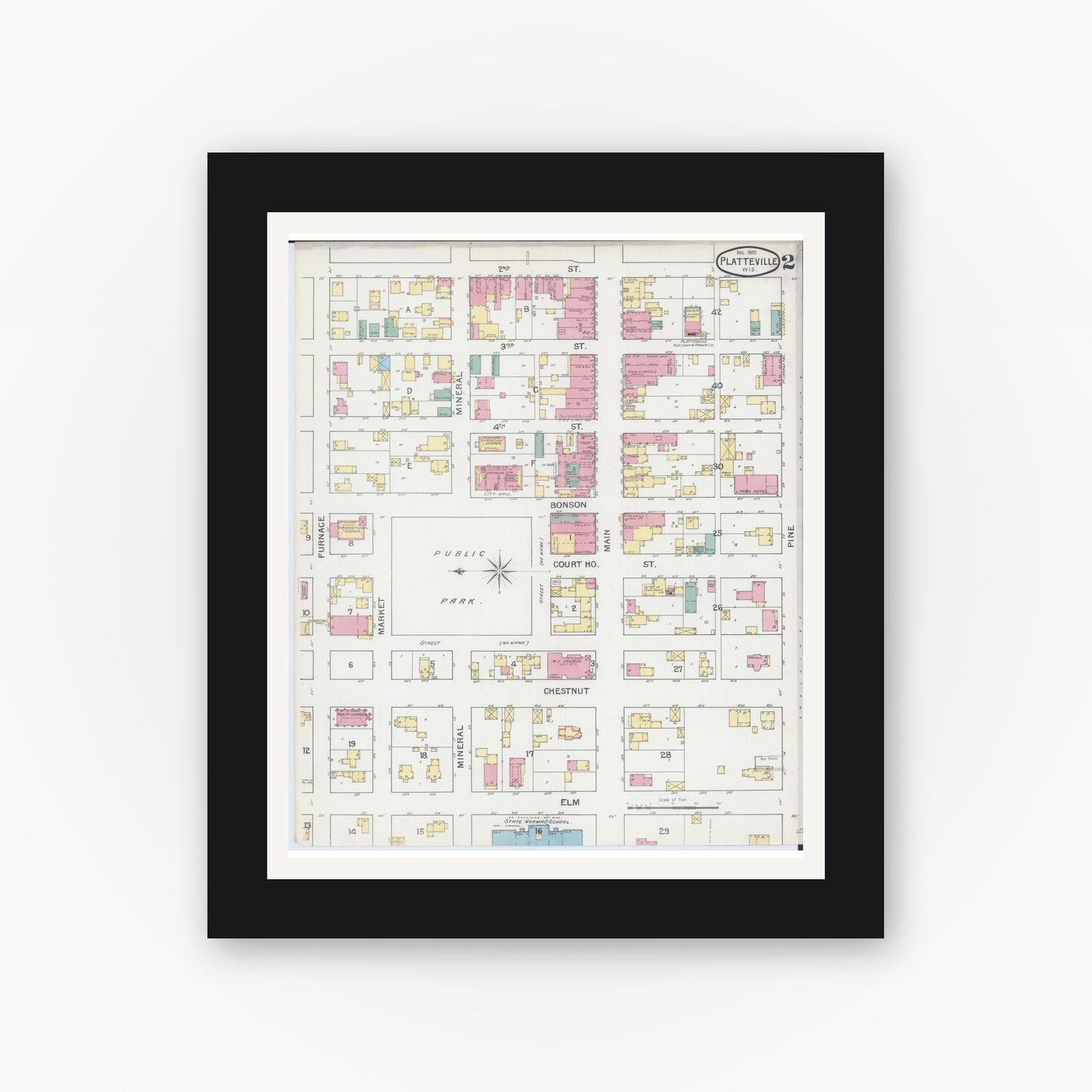 Old map wall art mockup — black gallery frame with white mat — Sanborn Fire Insurance Map from Platteville, Grant County, Wisconsin (1892), Sheet #0002