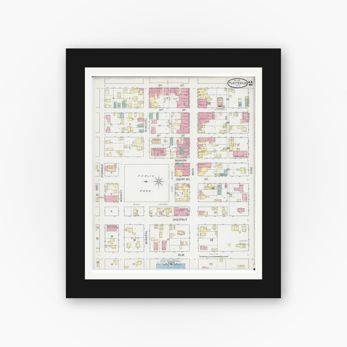 Old map wall art mockup — black gallery frame with white mat — Sanborn Fire Insurance Map from Platteville, Grant County, Wisconsin (1892), Sheet #0002