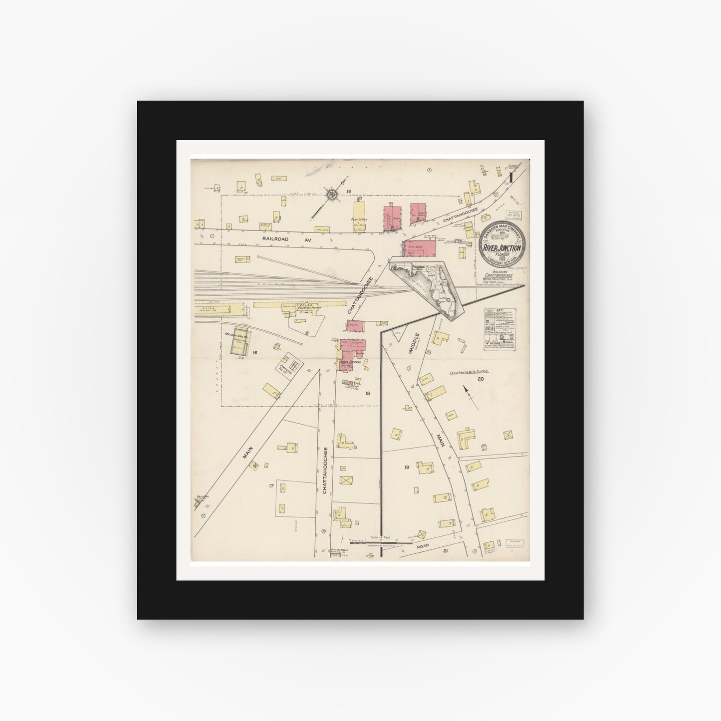 Old map wall art mockup — black gallery frame with white mat — Sanborn Fire Insurance Map from River Junction, Gadsden County, Florida (1922), Sheet #0001