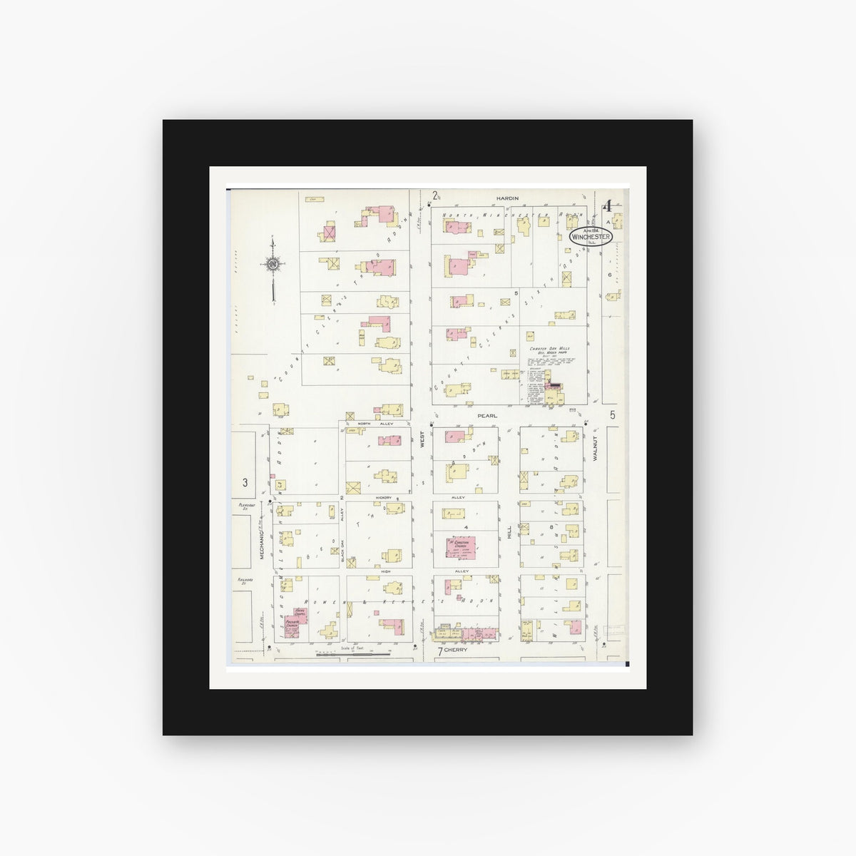 Old map wall art mockup — black gallery frame with white mat — Sanborn Fire Insurance Map from Winchester, Scott County, Illinois (1914), Sheet #0004