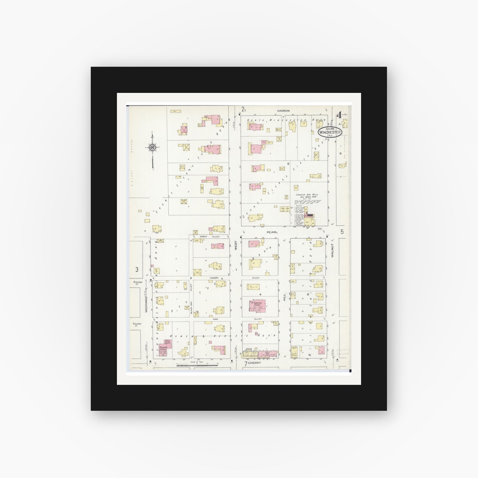 Old map wall art mockup — black gallery frame with white mat — Sanborn Fire Insurance Map from Winchester, Scott County, Illinois (1914), Sheet #0004