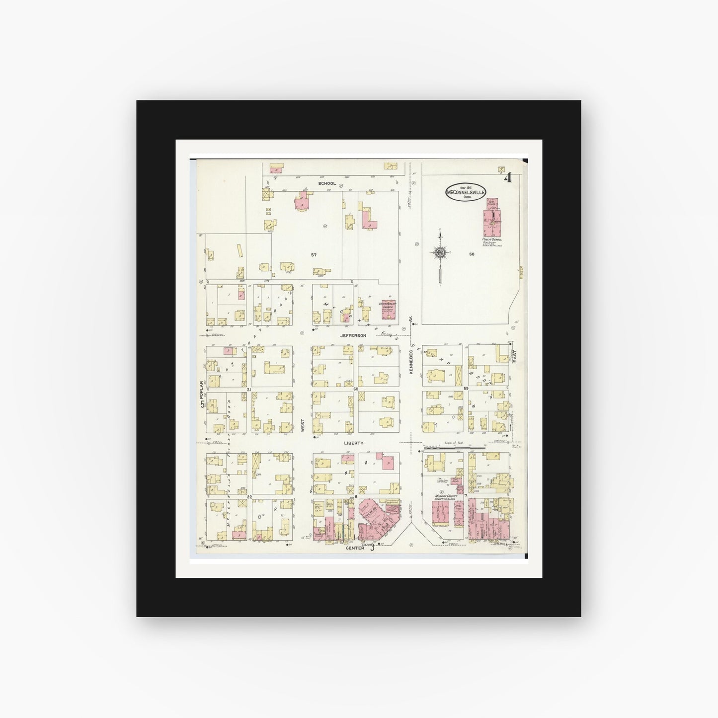 Old map wall art mockup — black gallery frame with white mat — Sanborn Fire Insurance Map from McConnelsville, Morgan County, Ohio (1911), Sheet #0004