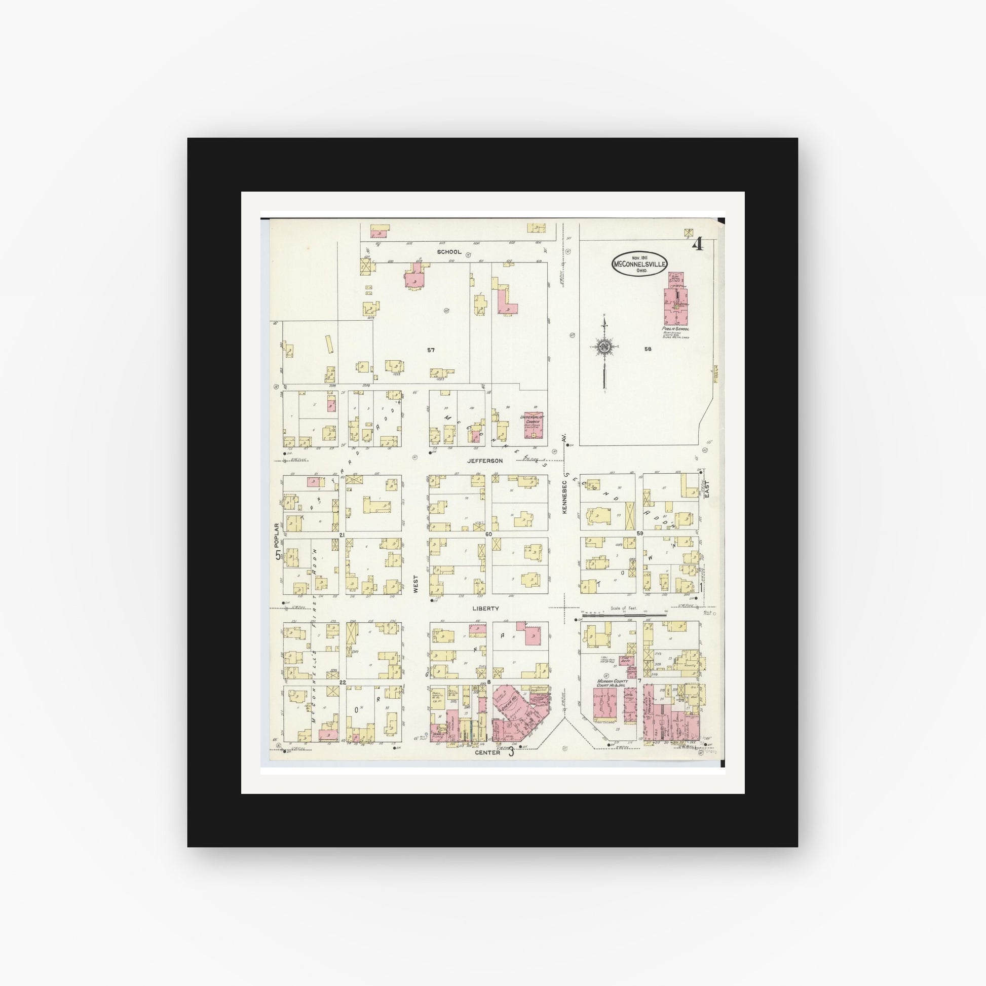Old map wall art mockup — black gallery frame with white mat — Sanborn Fire Insurance Map from McConnelsville, Morgan County, Ohio (1911), Sheet #0004