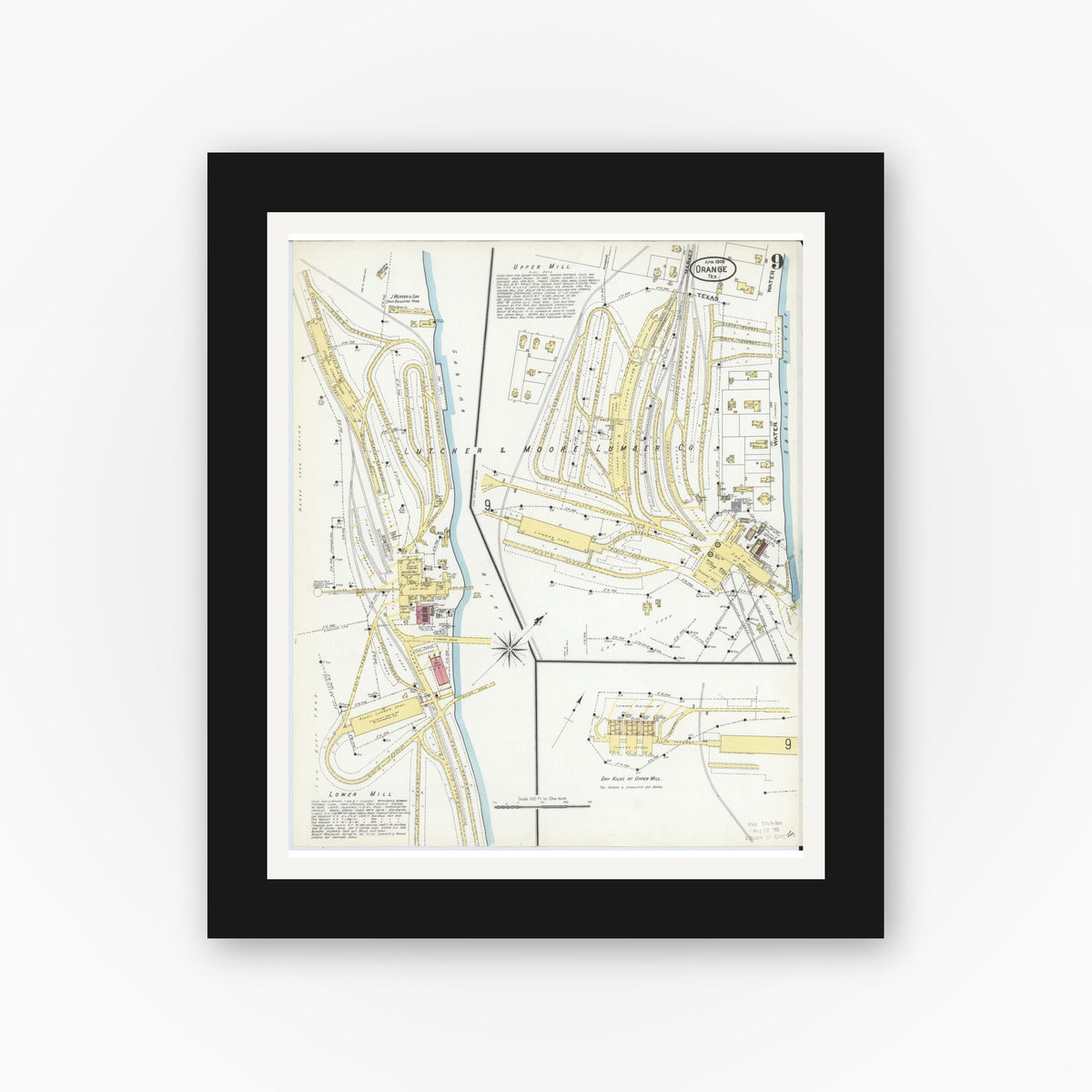 Old map wall art mockup — black gallery frame with white mat — Sanborn Fire Insurance Map from Orange, Orange County, Texas (1909), Sheet #0009