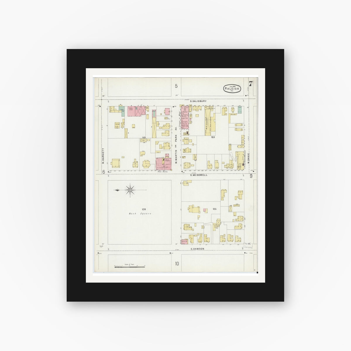 Old map wall art mockup — black gallery frame with white mat — Sanborn Fire Insurance Map from Raleigh, Wake County, North Carolina (1896), Sheet #0007