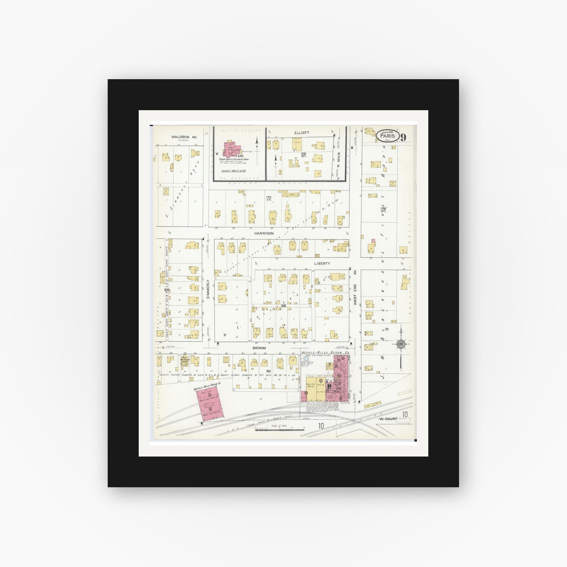 Old map wall art mockup — black gallery frame with white mat — Sanborn Fire Insurance Map from Paris, Edgar County, Illinois (1916), Sheet #0009