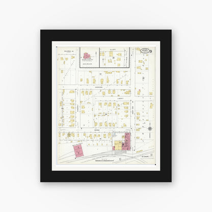 Old map wall art mockup — black gallery frame with white mat — Sanborn Fire Insurance Map from Paris, Edgar County, Illinois (1916), Sheet #0009