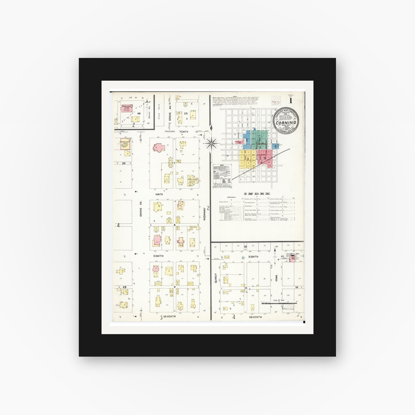 Old map wall art mockup — black gallery frame with white mat — Sanborn Fire Insurance Map from Corning, Adams County, Iowa (1907), Sheet #0001