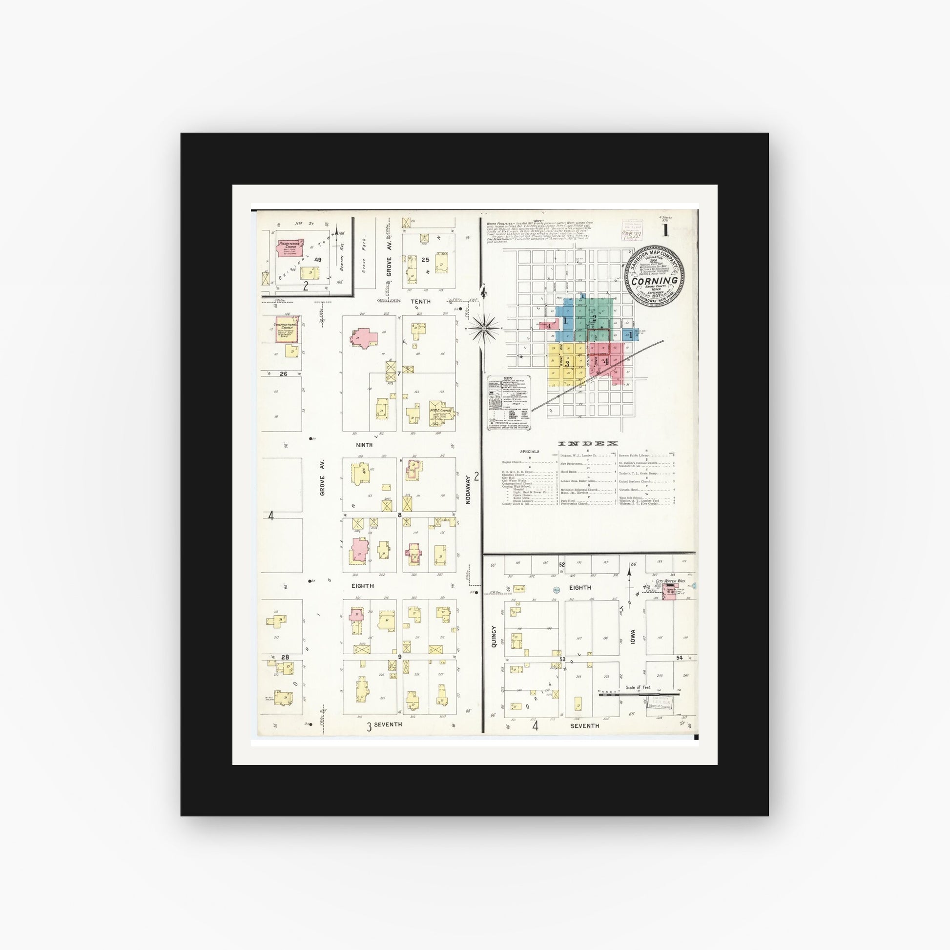 Old map wall art mockup — black gallery frame with white mat — Sanborn Fire Insurance Map from Corning, Adams County, Iowa (1907), Sheet #0001