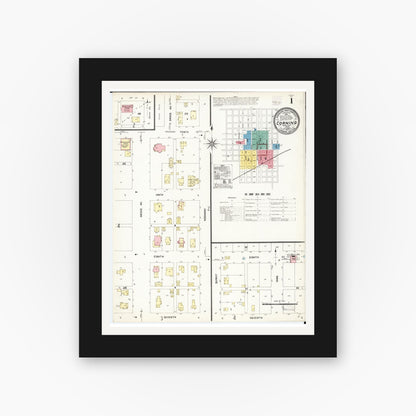 Old map wall art mockup — black gallery frame with white mat — Sanborn Fire Insurance Map from Corning, Adams County, Iowa (1907), Sheet #0001