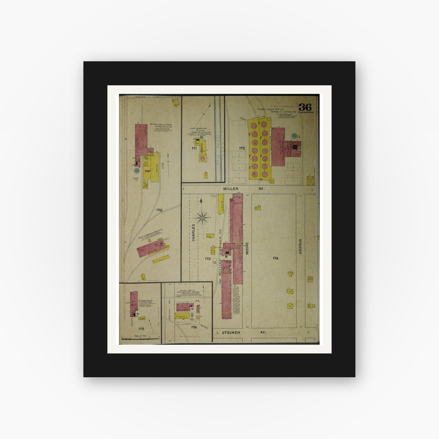 Old map wall art mockup — black gallery frame with white mat — Sanborn Fire Insurance Map from Akron, Summit County, Ohio (1892), Sheet #0036