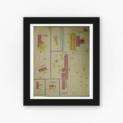Old map wall art mockup — black gallery frame with white mat — Sanborn Fire Insurance Map from Akron, Summit County, Ohio (1892), Sheet #0036