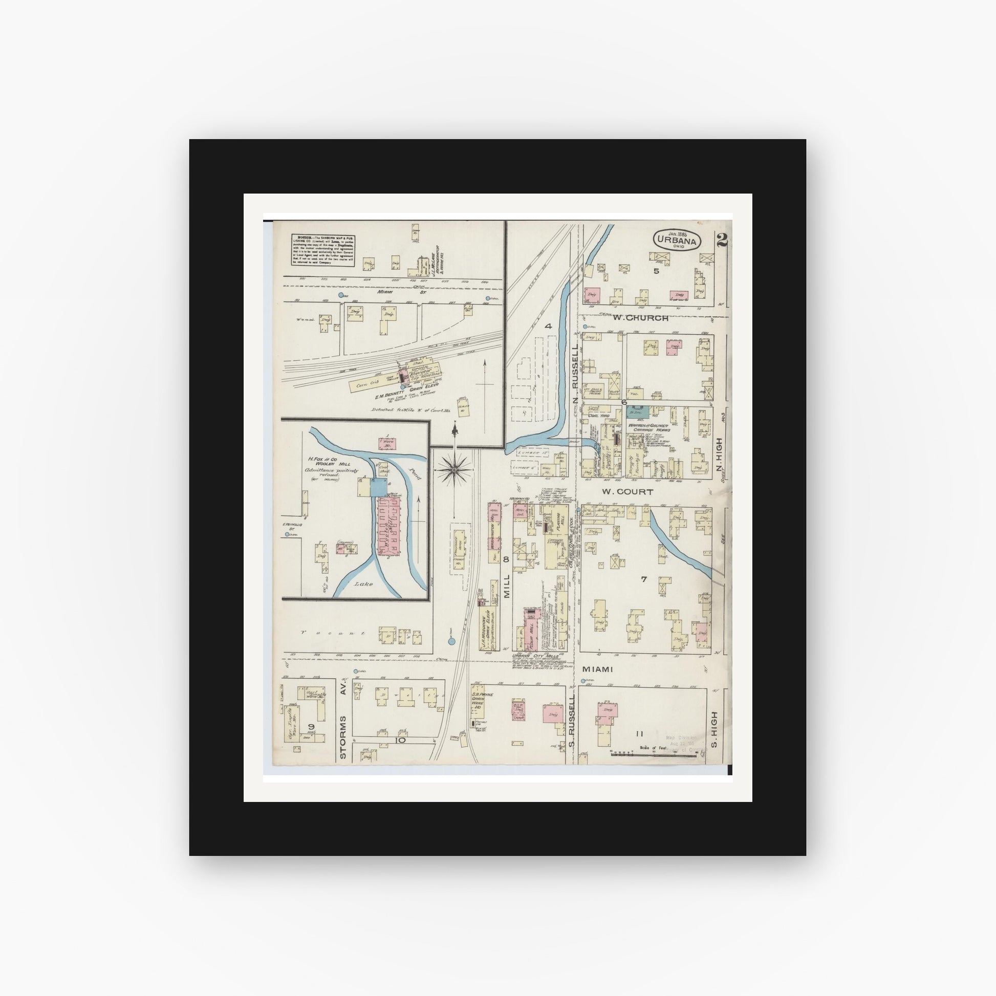 Old map wall art mockup — black gallery frame with white mat — Sanborn Fire Insurance Map from Urbana, Champaign County, Ohio (1885), Sheet #0002
