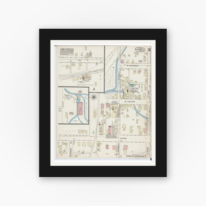 Old map wall art mockup — black gallery frame with white mat — Sanborn Fire Insurance Map from Urbana, Champaign County, Ohio (1885), Sheet #0002