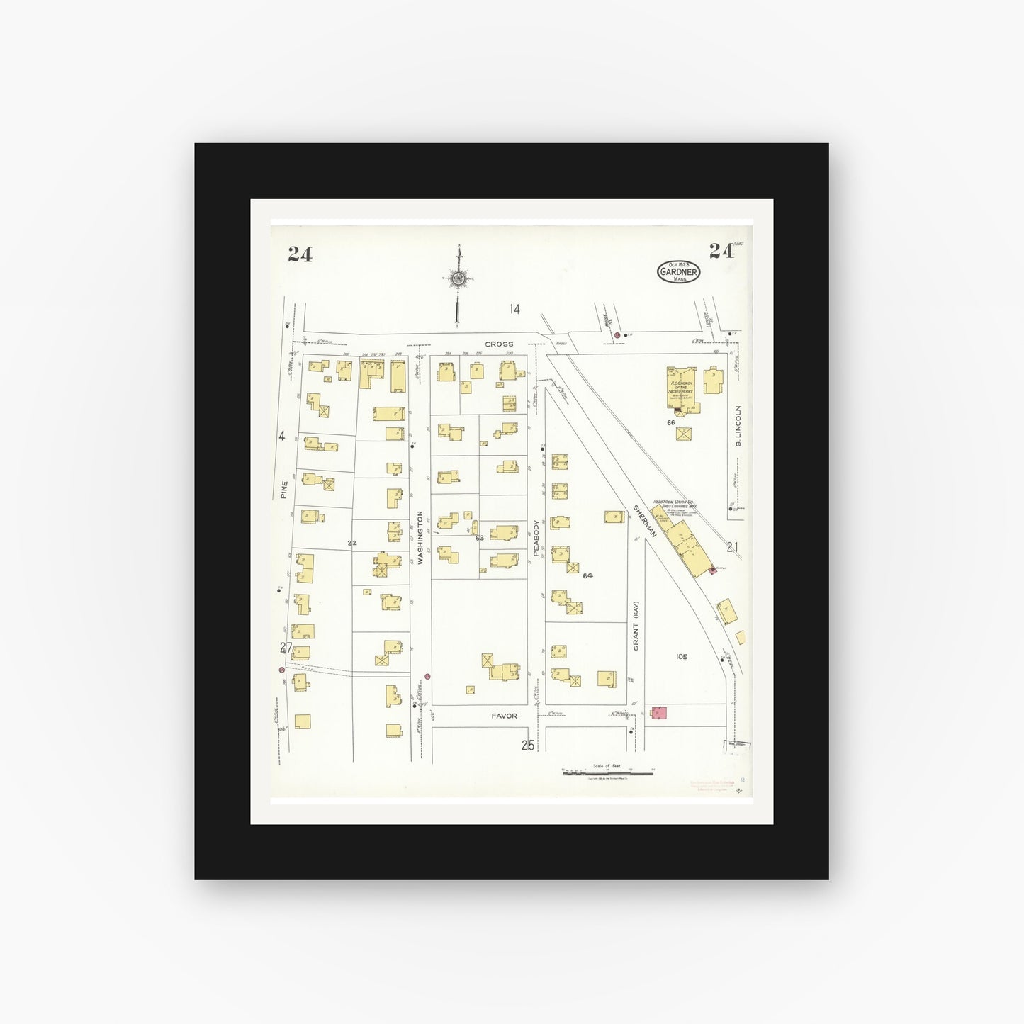 Old map wall art mockup — black gallery frame with white mat — Sanborn Fire Insurance Map from Gardner, Worcester County, Massachusetts (1923), Sheet #0024