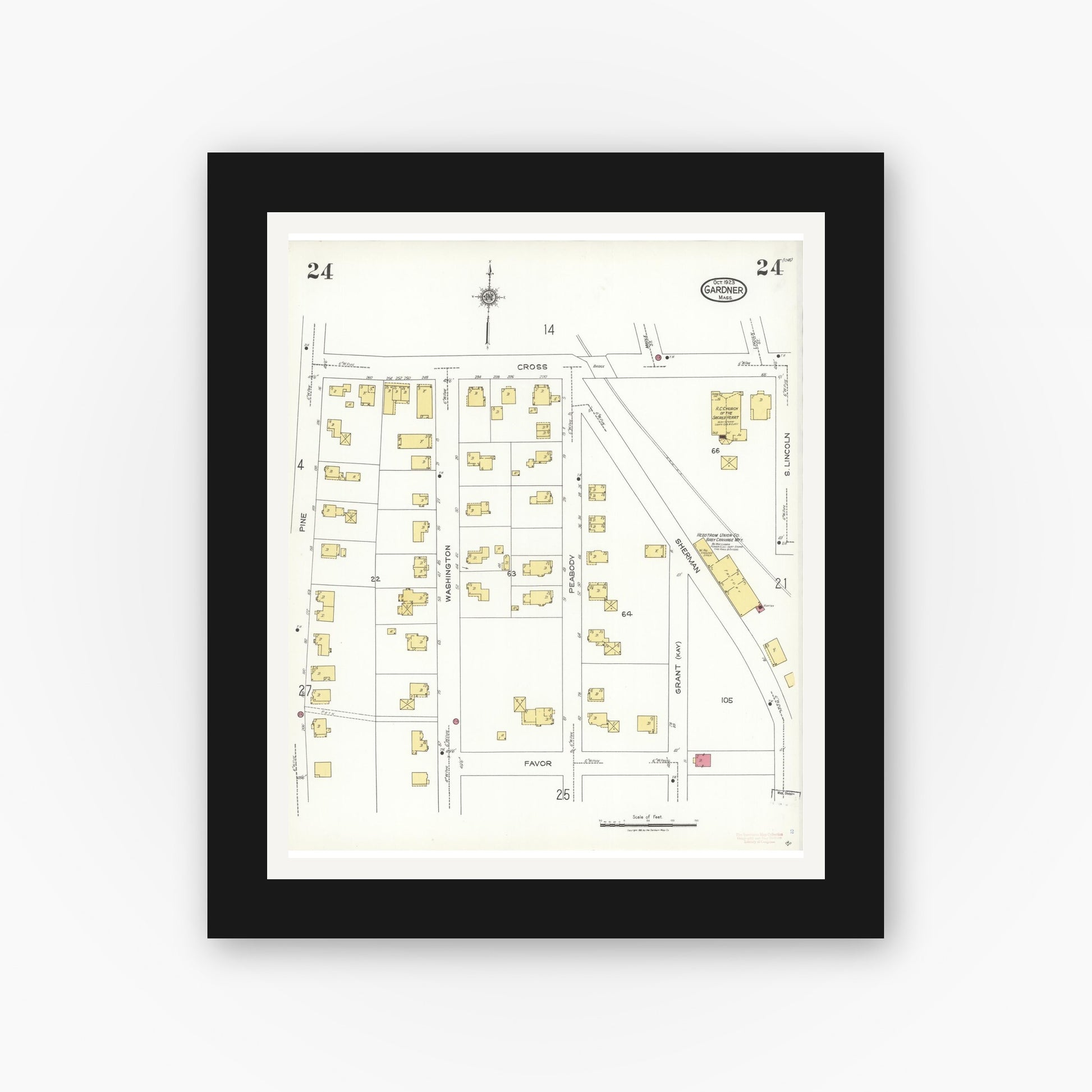 Old map wall art mockup — black gallery frame with white mat — Sanborn Fire Insurance Map from Gardner, Worcester County, Massachusetts (1923), Sheet #0024
