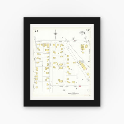 Old map wall art mockup — black gallery frame with white mat — Sanborn Fire Insurance Map from Gardner, Worcester County, Massachusetts (1923), Sheet #0024