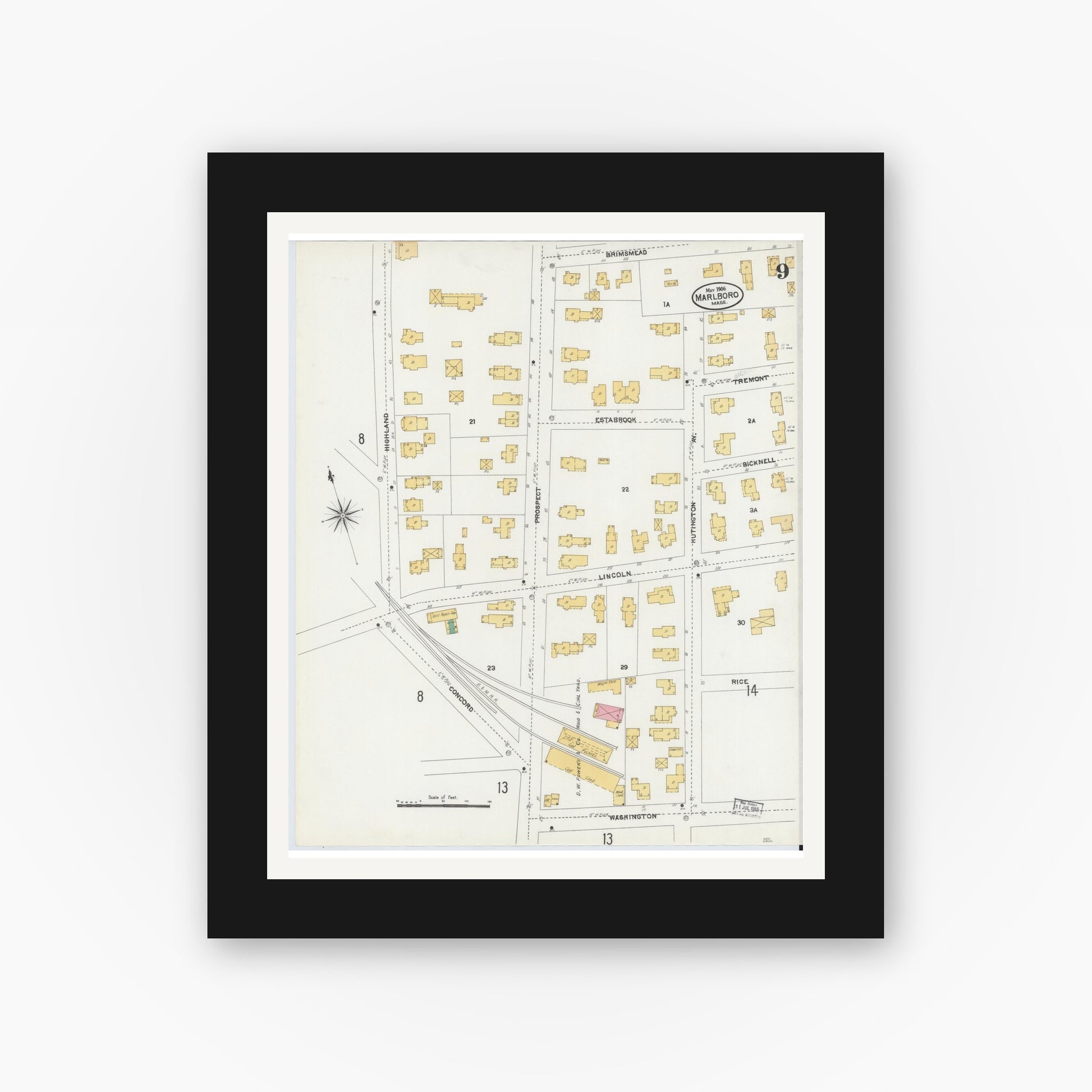 Old map wall art mockup — black gallery frame with white mat — Sanborn Fire Insurance Map from Marlborough, Middlesex County, Massachusetts (1906), Sheet #0009