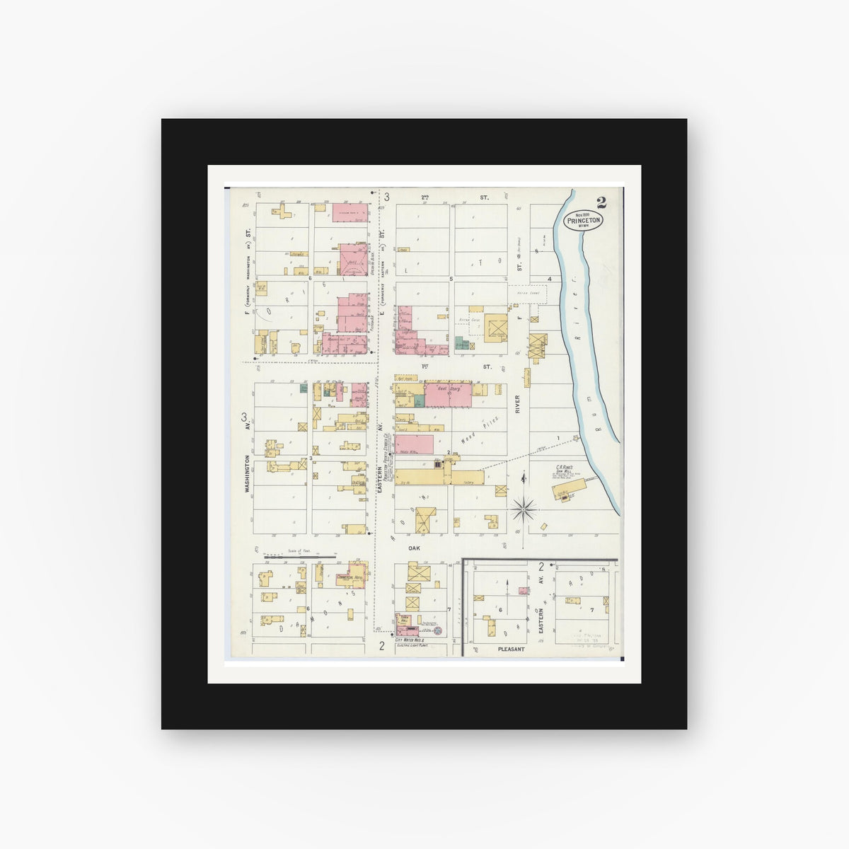 Old map wall art mockup — black gallery frame with white mat — Sanborn Fire Insurance Map from Princeton, Mille Lacs County, Minnesota (1899), Sheet #0002