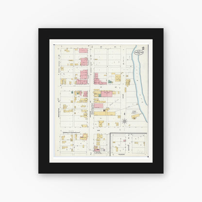 Old map wall art mockup — black gallery frame with white mat — Sanborn Fire Insurance Map from Princeton, Mille Lacs County, Minnesota (1899), Sheet #0002