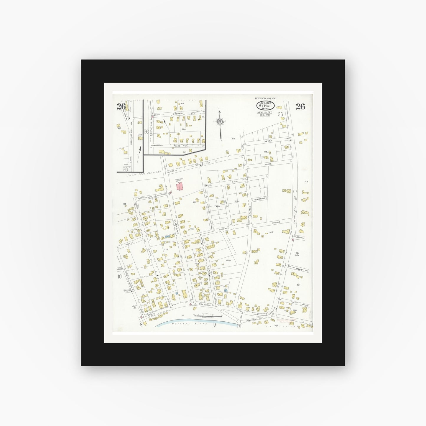 Old map wall art mockup — black gallery frame with white mat — Sanborn Fire Insurance Map from Athol, Worcester County, Massachusetts (1936), Sheet #0026