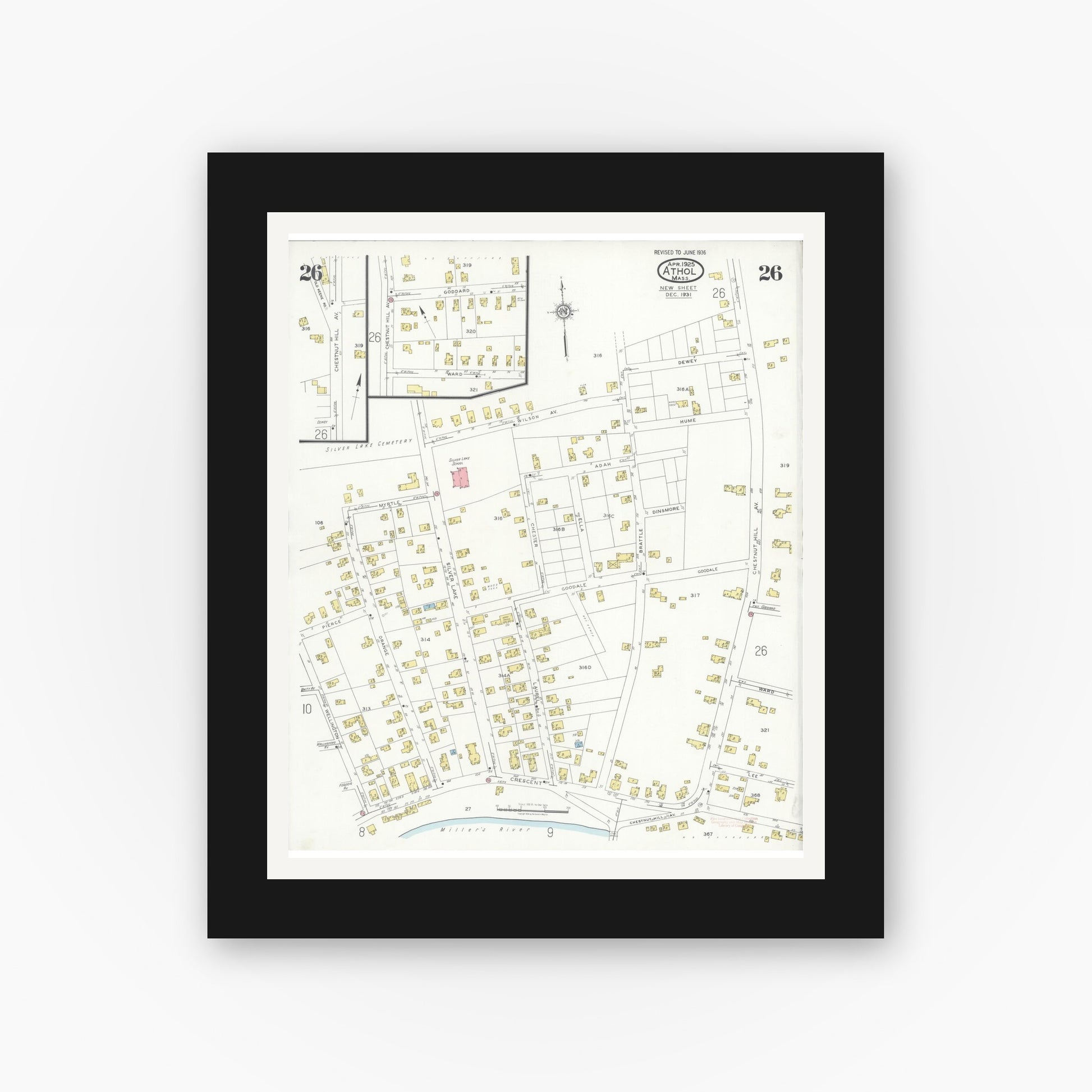 Old map wall art mockup — black gallery frame with white mat — Sanborn Fire Insurance Map from Athol, Worcester County, Massachusetts (1936), Sheet #0026