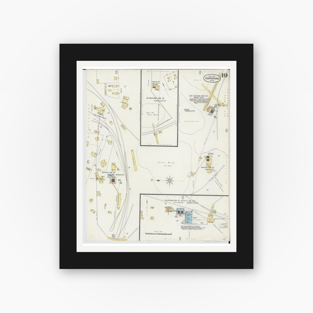Old map wall art mockup — black gallery frame with white mat — Sanborn Fire Insurance Map from Ishpeming, Marquette County, Michigan (1897), Sheet #0019