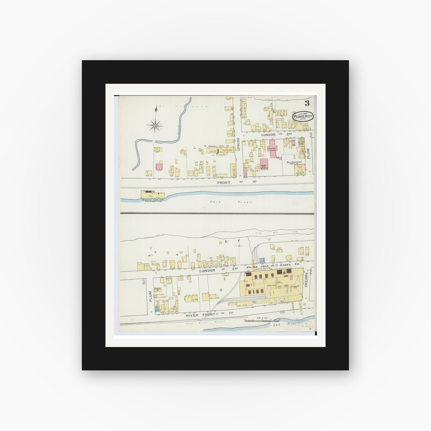 Old map wall art mockup — black gallery frame with white mat — Sanborn Fire Insurance Map from Pomeroy, Meigs County, Ohio (1893), Sheet #0003