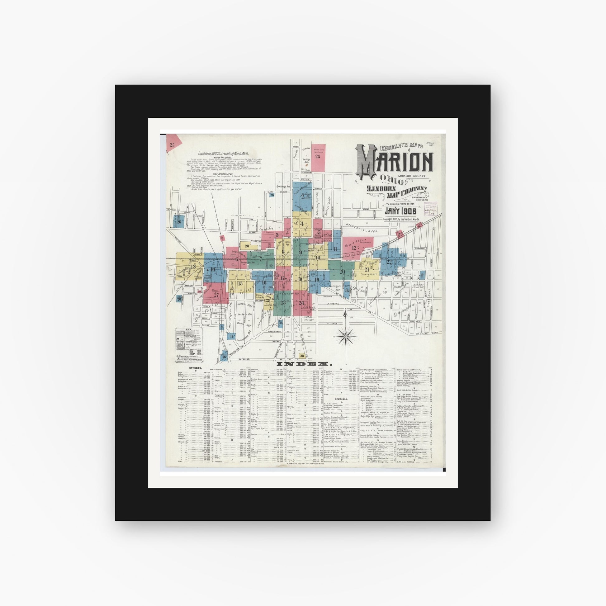 Old map wall art mockup — black gallery frame with white mat — Sanborn Fire Insurance Map from Marion, Marion County, Ohio (1908) - Complete Map Set
