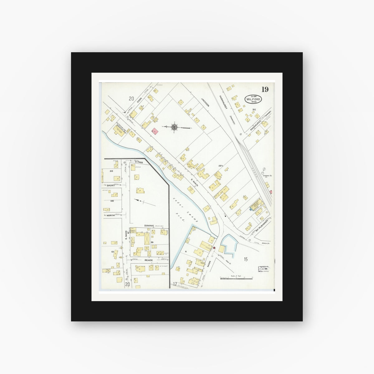 Old map wall art mockup — black gallery frame with white mat — Sanborn Fire Insurance Map from Milford, Worcester County, Massachusetts (1910), Sheet #0019