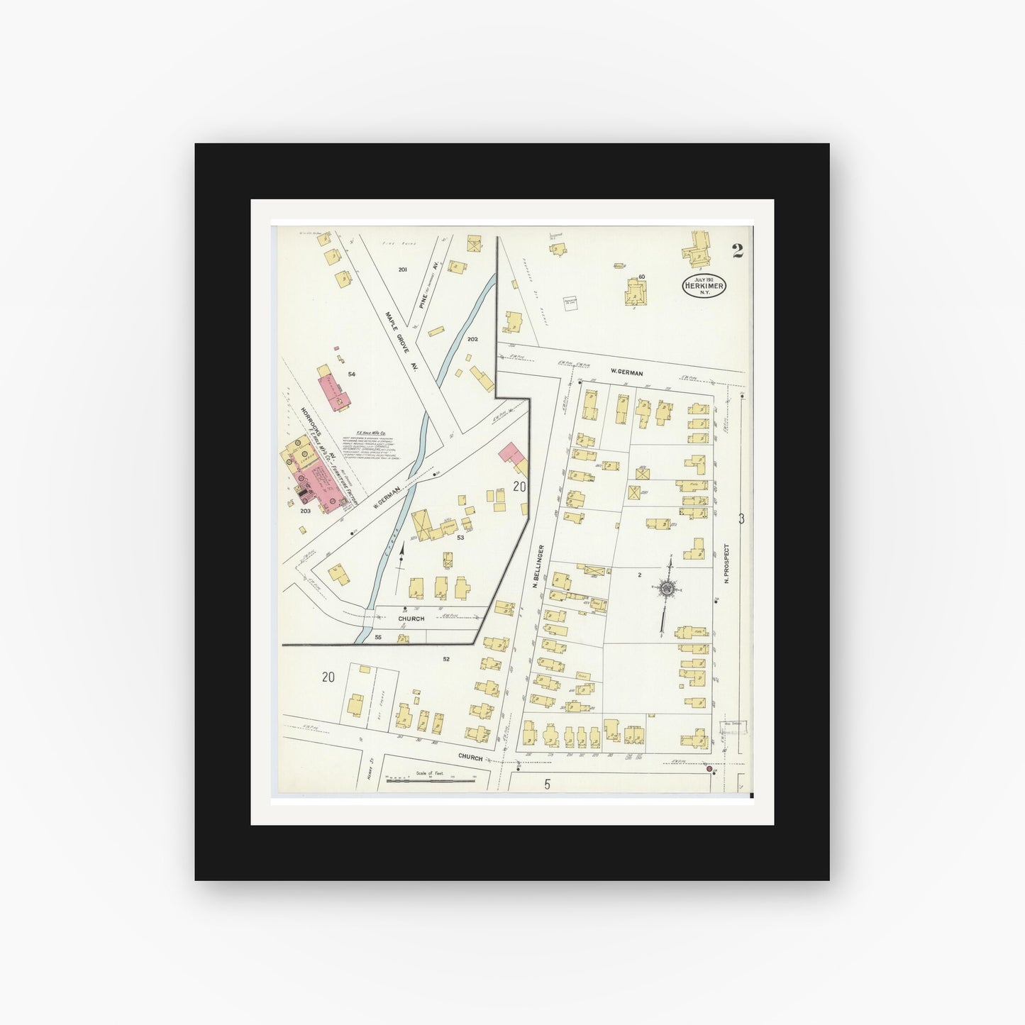 Old map wall art mockup — black gallery frame with white mat — Sanborn Fire Insurance Map from Herkimer, Herkimer County, New York (1911) - Complete Map Set