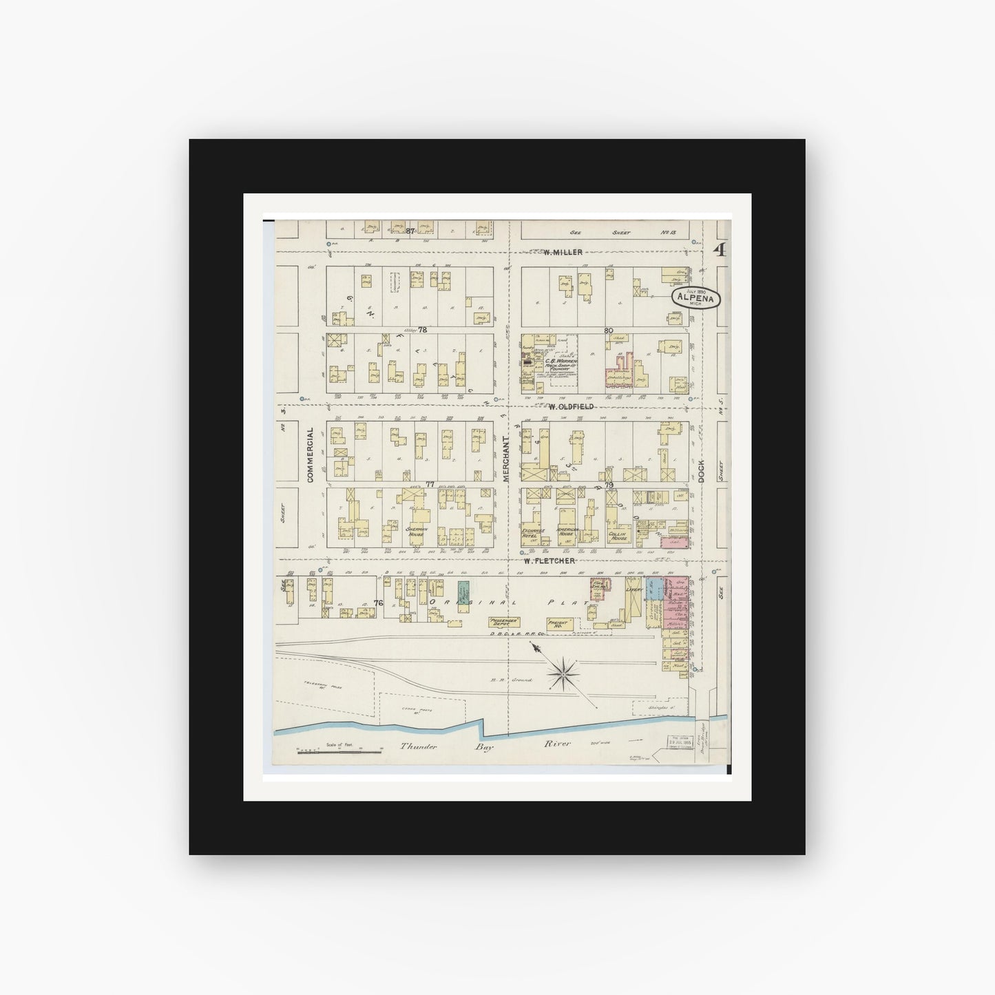 Old map wall art mockup — black gallery frame with white mat — Sanborn Fire Insurance Map from Alpena, Alpena County, Michigan (1890), Sheet #0004